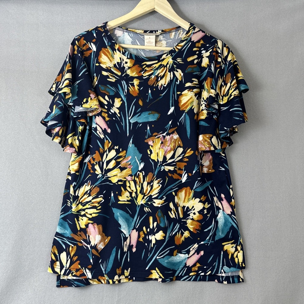 Flying Tomato Floral Ruffle Flutter Sleeve Mocked Neck Top Size Small - Picture 1 of 9